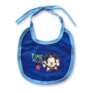 Babero para bebé niño color azul con azul claro con Mickey Mouse con plástico impermeable al reverso. 