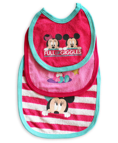 Set de 3 baberos para bebé niña de tela de toalla con estampado de Minnie y Mickey Mouse color rosa con verde