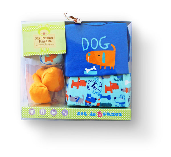 Set de Regalo para Bebé Niño con estampado de perro con manoplas, zapatos, pants y pañalero color azul para baby shower
