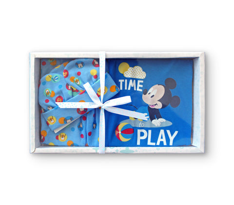 Set de regalo para bebé niño de Mickey Mouse, pantalón, manoplas, gorrino y pañalero color azul de 0 a 3 meses set de nacimiento Disney