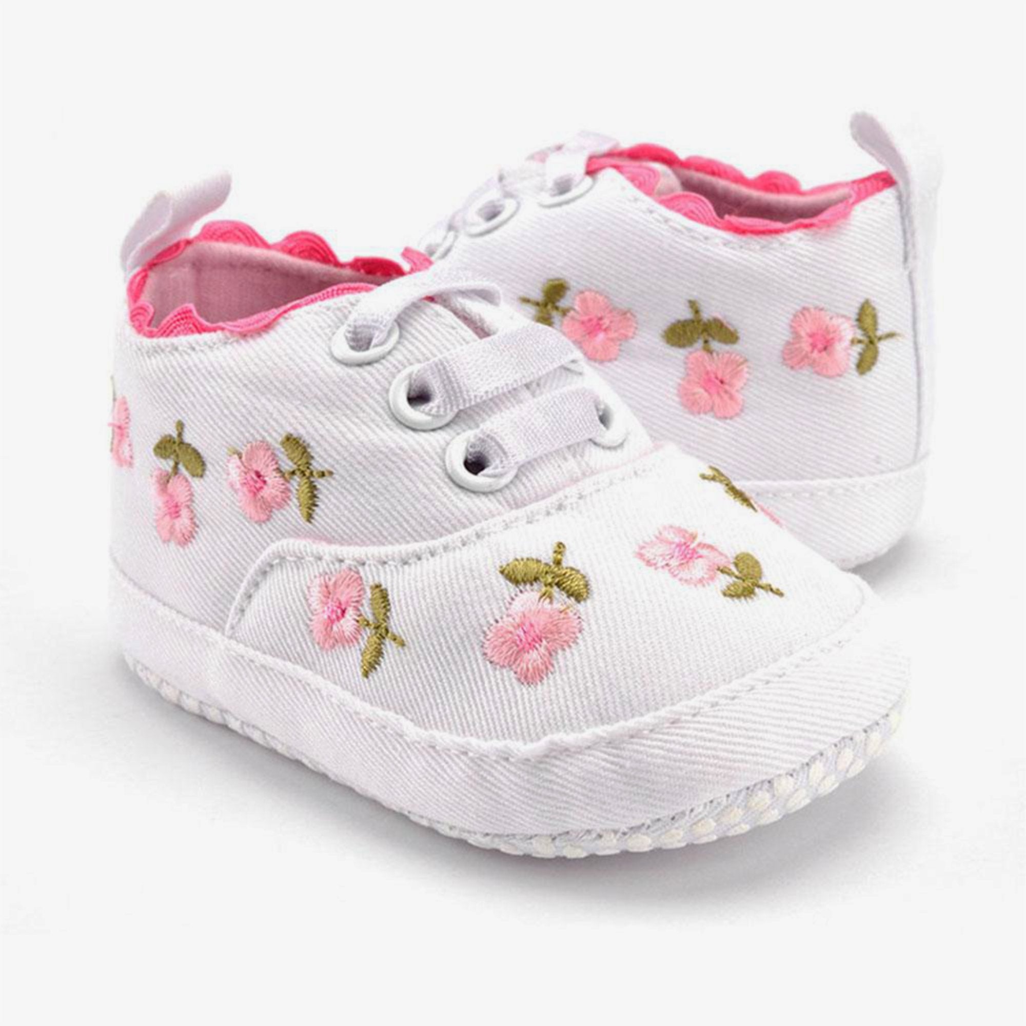 Zapatos de suela suave tipo tenis para bebé niña con estampado de flores bordadas y blancos 