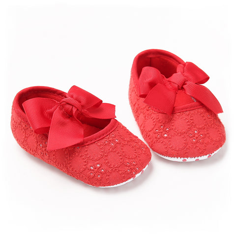 Zapatos con suela suave para bebé niña con moño y bordados con 5 colores rojo, rosa, morado, amarillo y blancos